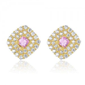 Vintage Design Wholesale 925 Sterling Silver Jewelry Pink Cubic Zirconia Rhombus Ear Studs