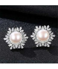 Wholesale 925 Sterling Silver Jewelry Luxurious Elegant Round Pearl Ear Studs - White