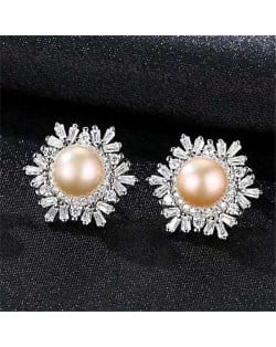 Wholesale 925 Sterling Silver Jewelry Luxurious Elegant Round Pearl Ear Studs - Pink