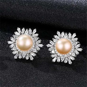 Wholesale 925 Sterling Silver Jewelry Luxurious Elegant Round Pearl Ear Studs - Pink