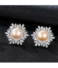 Wholesale 925 Sterling Silver Jewelry Luxurious Elegant Round Pearl Ear Studs - Pink
