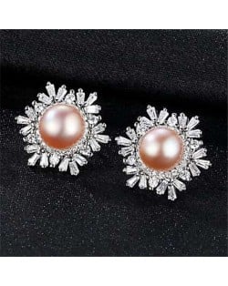 Wholesale 925 Sterling Silver Jewelry Luxurious Elegant Round Pearl Ear Studs - Purple