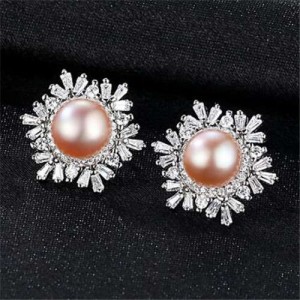 Wholesale 925 Sterling Silver Jewelry Luxurious Elegant Round Pearl Ear Studs - Purple