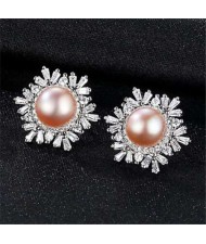 Wholesale 925 Sterling Silver Jewelry Luxurious Elegant Round Pearl Ear Studs - Purple