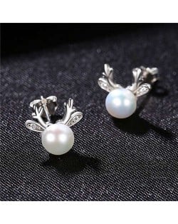 Korean Fashion Sika Deer Design Natral Pearl Wholesale 925 Sterling Silver Earrings - White