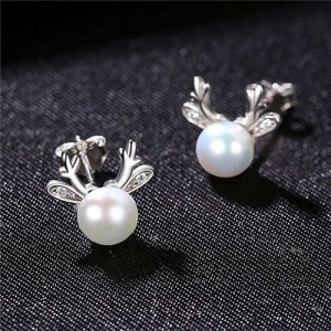 Korean Fashion Sika Deer Design Natral Pearl Wholesale 925 Sterling Silver Earrings - White