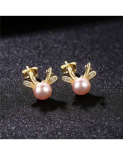 Korean Fashion Sika Deer Design Natral Pearl Wholesale 925 Sterling Silver Earrings - Purple