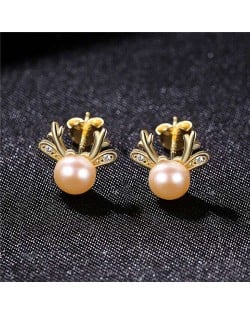 Korean Fashion Sika Deer Design Natral Pearl Wholesale 925 Sterling Silver Earrings - Pink