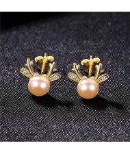 Korean Fashion Sika Deer Design Natral Pearl Wholesale 925 Sterling Silver Earrings - Pink