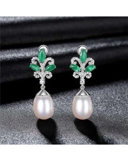 Luxurious Elegant Green Leaves Cubic Zirconia Wholesale 925 Sterling Silver Earrings - White