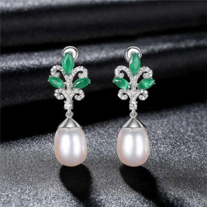 Luxurious Elegant Green Leaves Cubic Zirconia Wholesale 925 Sterling Silver Earrings - White
