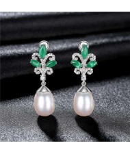 Luxurious Elegant Green Leaves Cubic Zirconia Wholesale 925 Sterling Silver Earrings - White
