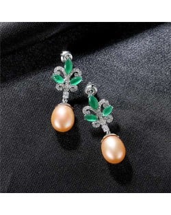 Luxurious Elegant Green Leaves Cubic Zirconia Wholesale 925 Sterling Silver Earrings - Pink