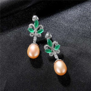 Luxurious Elegant Green Leaves Cubic Zirconia Wholesale 925 Sterling Silver Earrings - Pink