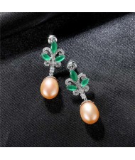 Luxurious Elegant Green Leaves Cubic Zirconia Wholesale 925 Sterling Silver Earrings - Pink