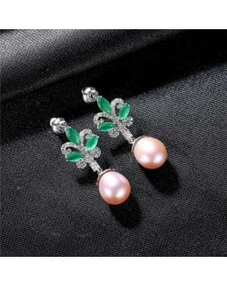 Luxurious Elegant Green Leaves Cubic Zirconia Wholesale 925 Sterling Silver Earrings - Purple