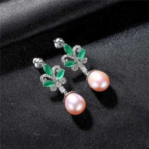 Luxurious Elegant Green Leaves Cubic Zirconia Wholesale 925 Sterling Silver Earrings - Purple