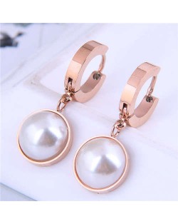 Wholesale Jewelry Classic Style Semicircle Pearl Pendant Titanium Steel Earrings - Rose Gold