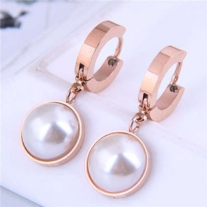 Wholesale Jewelry Classic Style Semicircle Pearl Pendant Titanium Steel Earrings - Rose Gold