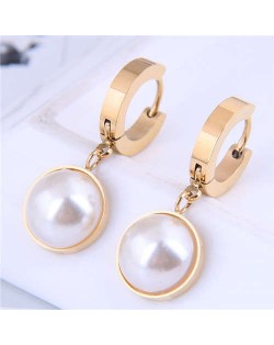 Wholesale Jewelry Classic Style Semicircle Pearl Pendant Titanium Steel Earrings - Golden