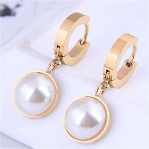 Wholesale Jewelry Classic Style Semicircle Pearl Pendant Titanium Steel Earrings - Golden