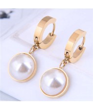 Wholesale Jewelry Classic Style Semicircle Pearl Pendant Titanium Steel Earrings - Golden
