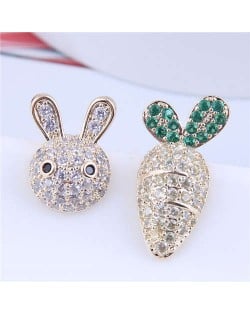 Exquisite Bling Cubic Zirconia Rabbit and Carrot Asymmetric Design Wholesale Earrings - White