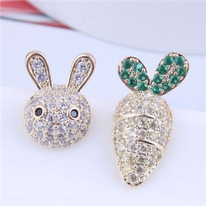 Exquisite Bling Cubic Zirconia Rabbit and Carrot Asymmetric Design Wholesale Earrings - White