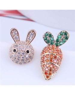 Exquisite Bling Cubic Zirconia Rabbit and Carrot Asymmetric Design Wholesale Earrings - Orange