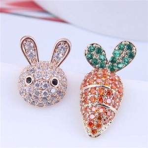 Exquisite Bling Cubic Zirconia Rabbit and Carrot Asymmetric Design Wholesale Earrings - Orange