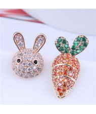 Exquisite Bling Cubic Zirconia Rabbit and Carrot Asymmetric Design Wholesale Earrings - Orange