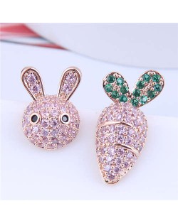 Exquisite Bling Cubic Zirconia Rabbit and Carrot Asymmetric Design Wholesale Earrings - Pink
