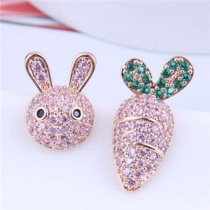 Exquisite Bling Cubic Zirconia Rabbit and Carrot Asymmetric Design Wholesale Earrings - Pink