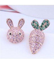 Exquisite Bling Cubic Zirconia Rabbit and Carrot Asymmetric Design Wholesale Earrings - Pink