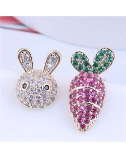 Exquisite Bling Cubic Zirconia Rabbit and Carrot Asymmetric Design Wholesale Earrings - Rose