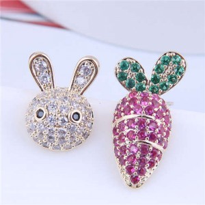 Exquisite Bling Cubic Zirconia Rabbit and Carrot Asymmetric Design Wholesale Earrings - Rose