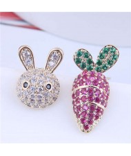 Exquisite Bling Cubic Zirconia Rabbit and Carrot Asymmetric Design Wholesale Earrings - Rose