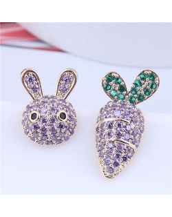Exquisite Bling Cubic Zirconia Rabbit and Carrot Asymmetric Design Wholesale Earrings - Lavender