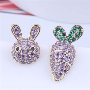 Exquisite Bling Cubic Zirconia Rabbit and Carrot Asymmetric Design Wholesale Earrings - Lavender