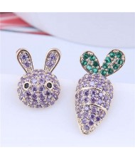 Exquisite Bling Cubic Zirconia Rabbit and Carrot Asymmetric Design Wholesale Earrings - Lavender