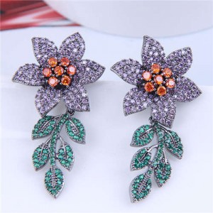 Bohemian Style Wholesale Jewelry Luxurious Bright Cubic Zirconia Blooming Flowers Earrings - Violet Orange