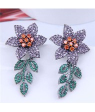 Bohemian Style Wholesale Jewelry Luxurious Bright Cubic Zirconia Blooming Flowers Earrings - Violet Orange