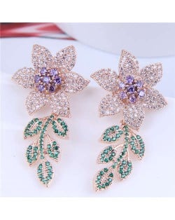 Bohemian Style Wholesale Jewelry Luxurious Bright Cubic Zirconia Blooming Flowers Earrings - White Purple