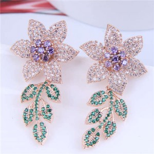 Bohemian Style Wholesale Jewelry Luxurious Bright Cubic Zirconia Blooming Flowers Earrings - White Purple