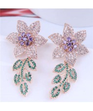 Bohemian Style Wholesale Jewelry Luxurious Bright Cubic Zirconia Blooming Flowers Earrings - White Purple
