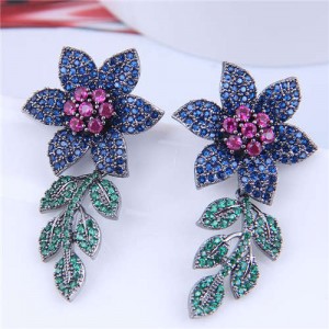 Bohemian Style Wholesale Jewelry Luxurious Bright Cubic Zirconia Blooming Flowers Earrings - Blue Rose