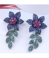 Bohemian Style Wholesale Jewelry Luxurious Bright Cubic Zirconia Blooming Flowers Earrings - Blue Rose