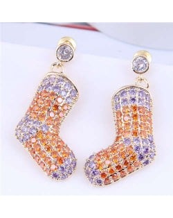 Glistening Two-color Stitching Unique Design Christmas Boots Wholesale Earrings - Orange Violet