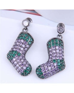 Glistening Two-color Stitching Unique Design Christmas Boots Wholesale Earrings - Purple Green