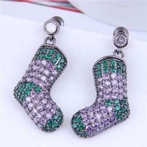 Glistening Two-color Stitching Unique Design Christmas Boots Wholesale Earrings - Purple Green